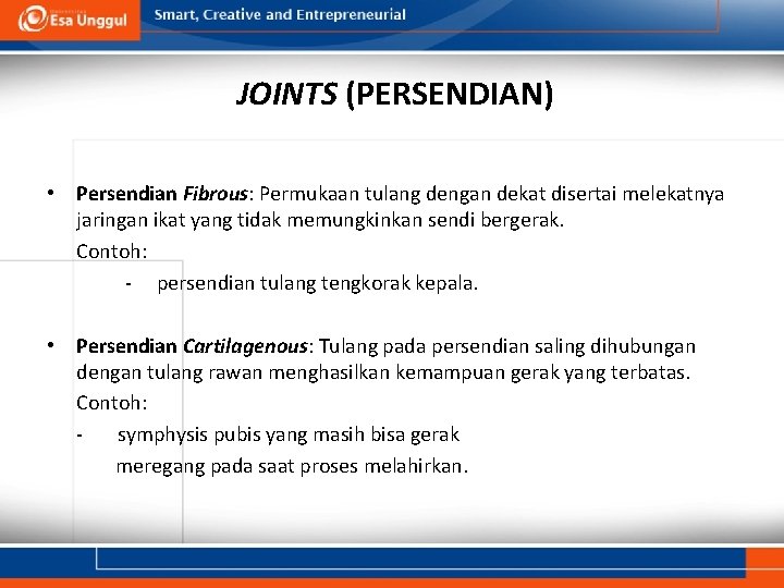 JOINTS (PERSENDIAN) • Persendian Fibrous: Permukaan tulang dengan dekat disertai melekatnya jaringan ikat yang