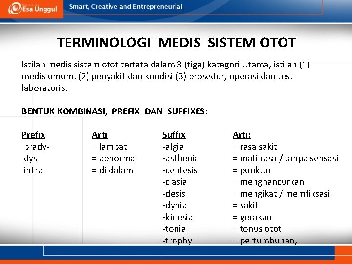 TERMINOLOGI MEDIS SISTEM OTOT Istilah medis sistem otot tertata dalam 3 (tiga) kategori Utama,