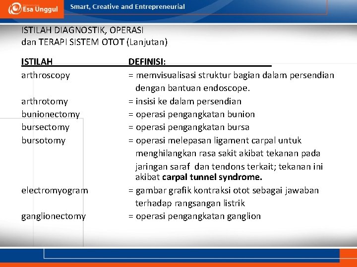 ISTILAH DIAGNOSTIK, OPERASI dan TERAPI SISTEM OTOT (Lanjutan) ISTILAH arthroscopy arthrotomy bunionectomy bursotomy electromyogram