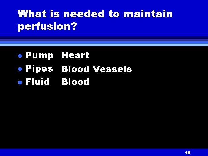 What is needed to maintain perfusion? l l l Pump Heart Pipes Blood Vessels