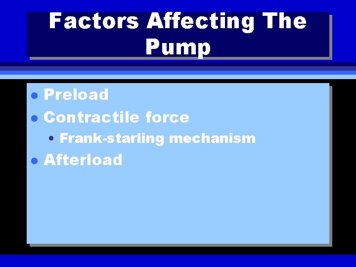 Factors Affecting The Pump l l Preload Contractile force • Frank-starling mechanism l Afterload