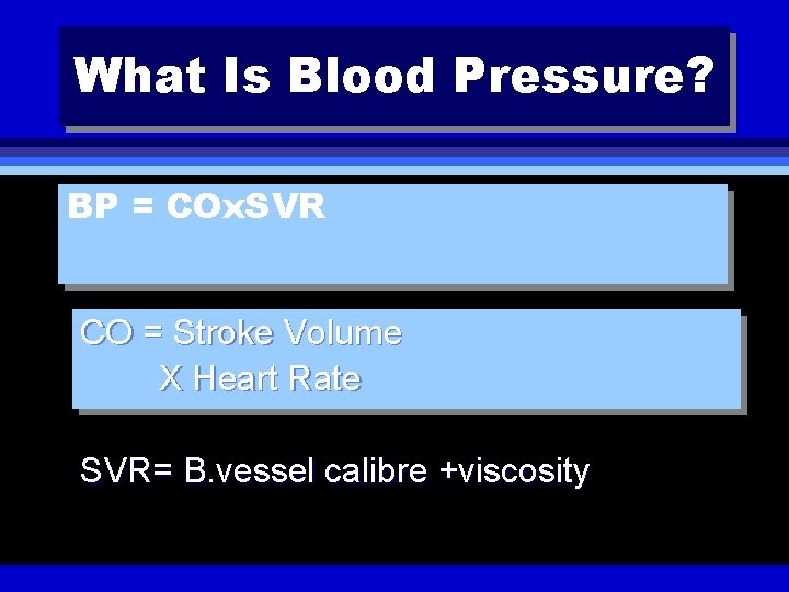 What Is Blood Pressure? BP = COx. SVR CO = Stroke Volume X Heart