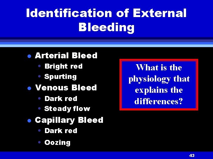 Identification of External Bleeding l Arterial Bleed • Bright red • Spurting l Venous