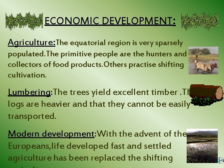 ECONOMIC DEVELOPMENT: Agriculture: The equatorial region is very sparsely populated. The primitive people are