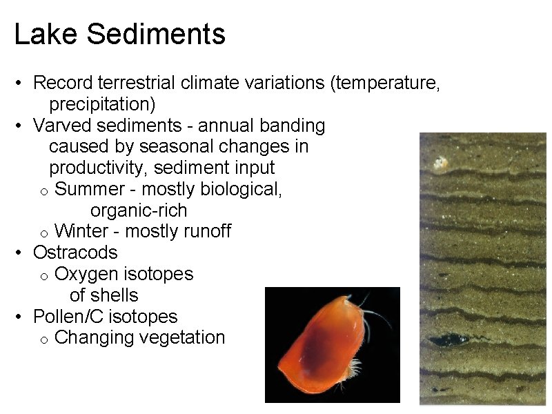 Lake Sediments • Record terrestrial climate variations (temperature, precipitation) • Varved sediments - annual