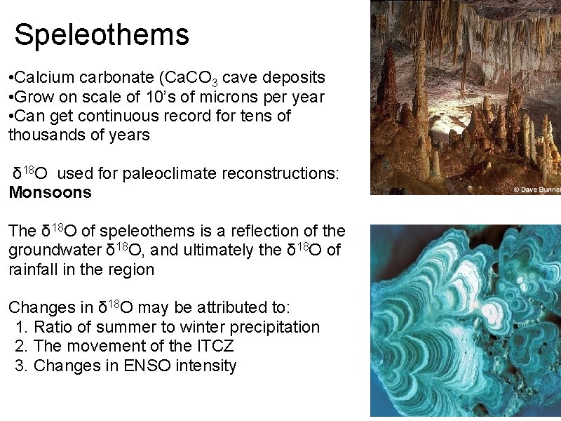 Speleothems • Calcium carbonate (Ca. CO 3 cave deposits • Grow on scale of