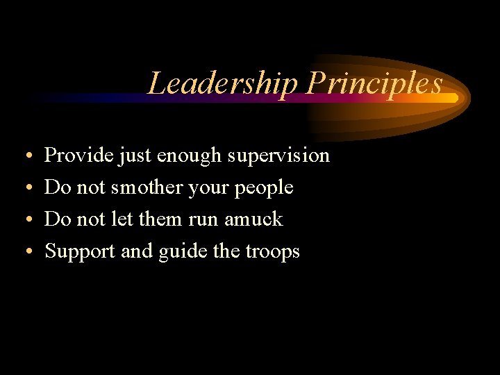 Leadership Principles • • Provide just enough supervision Do not smother your people Do
