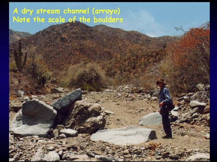 A dry stream channel (arroyo) Note the scale of the boulders 