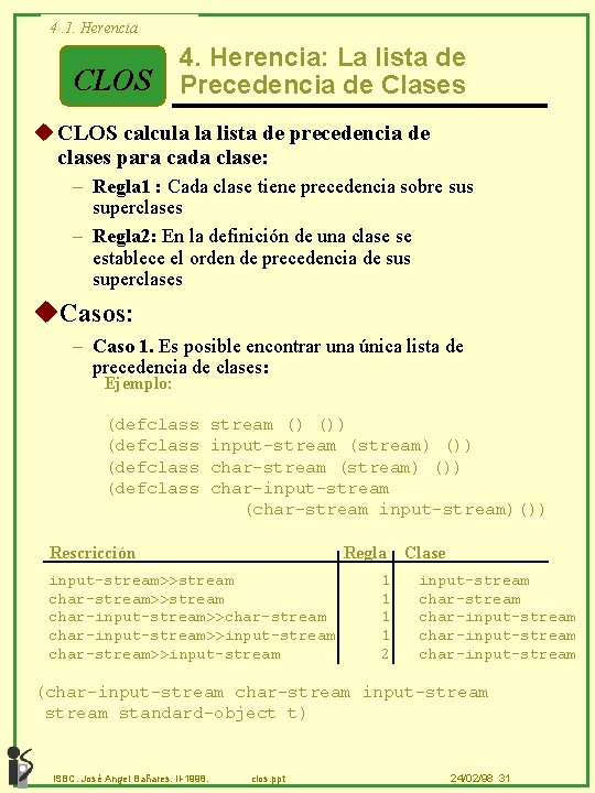 4. 1. Herencia CLOS 4. Herencia: La lista de Precedencia de Clases u CLOS