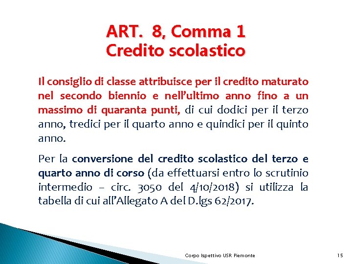 ART. 8, Comma 1 Credito scolastico Il consiglio di classe attribuisce per il credito