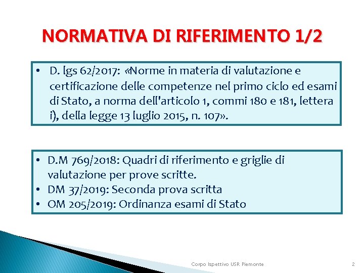 NORMATIVA DI RIFERIMENTO 1/2 • D. lgs 62/2017: «Norme in materia di valutazione e