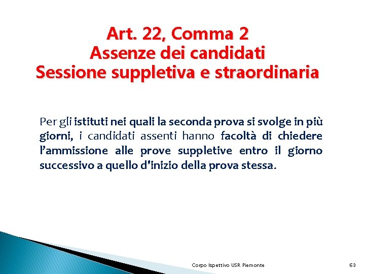 Art. 22, Comma 2 Assenze dei candidati Sessione suppletiva e straordinaria Per gli istituti