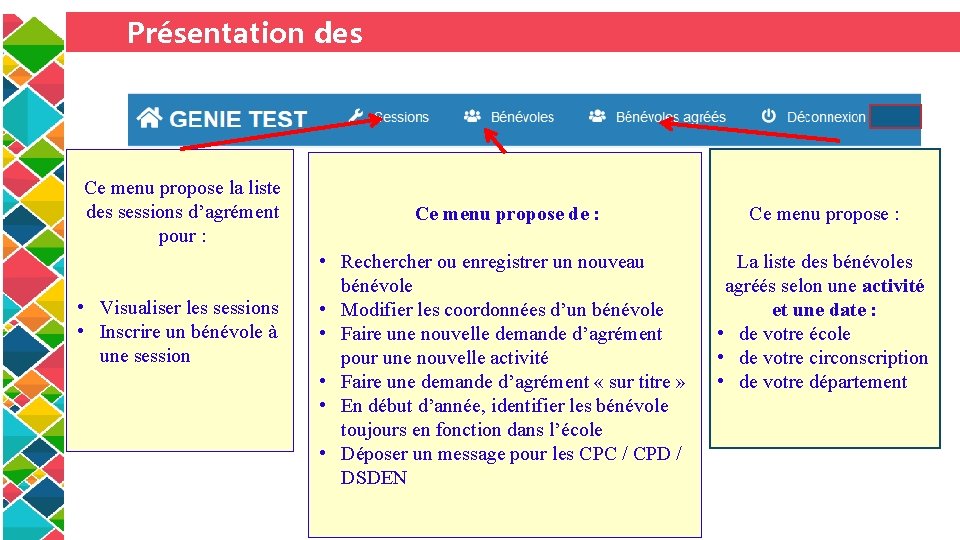 Présentation des menus Ce menu propose la liste des sessions d’agrément pour : •