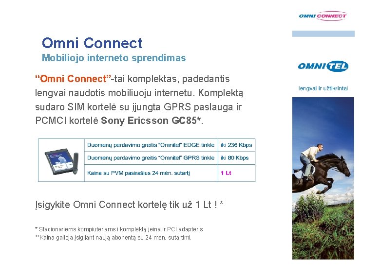 Omni Connect Mobiliojo interneto sprendimas “Omni Connect”-tai komplektas, padedantis lengvai naudotis mobiliuoju internetu. Komplektą