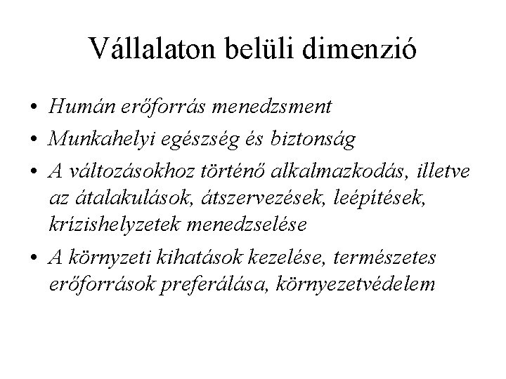 Vállalaton belüli dimenzió • Humán erőforrás menedzsment • Munkahelyi egészség és biztonság • A