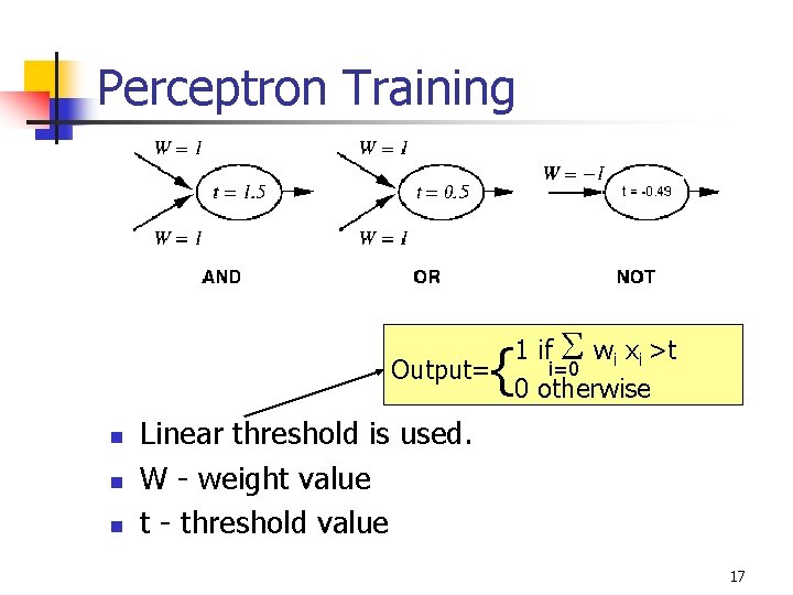 Perceptron Training 1 if wi xi >t i=0 Output= 0 otherwise { n n