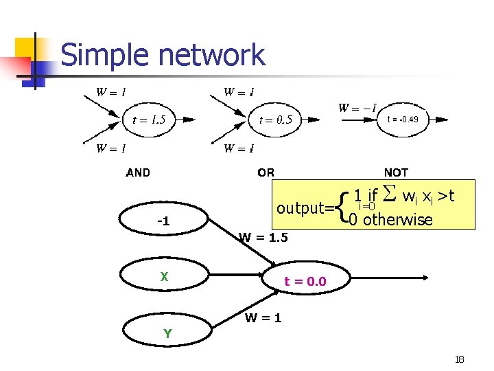 Simple network -1 1 if wi xi >t output= i=0 0 otherwise { W