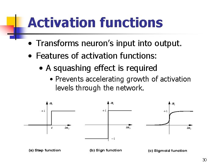Activation functions • Transforms neuron’s input into output. • Features of activation functions: •