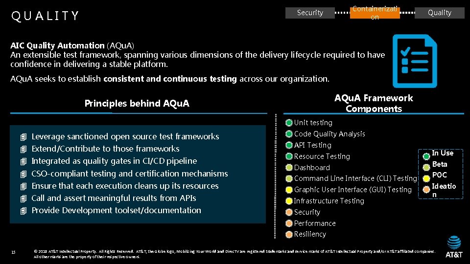 QUALITY Containerizati on Security Quality AIC Quality Automation (AQu. A) An extensible test framework,