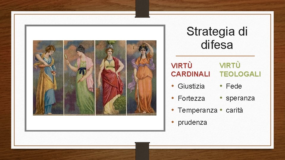 Strategia di difesa VIRTÙ CARDINALI • • VIRTÙ TEOLOGALI • Fede • speranza Fortezza