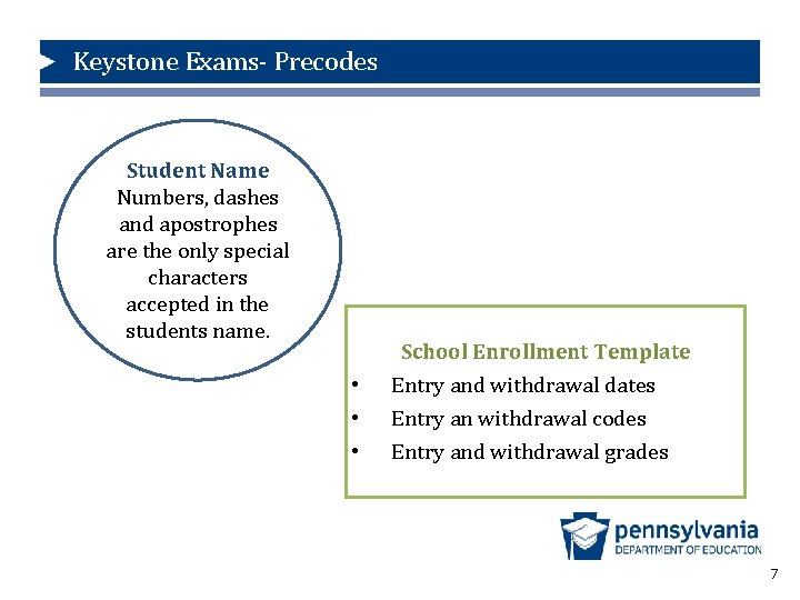 Keystone Exams- Precodes Student Name Numbers, dashes and apostrophes are the only special characters