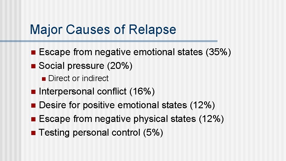 Major Causes of Relapse Escape from negative emotional states (35%) n Social pressure (20%)