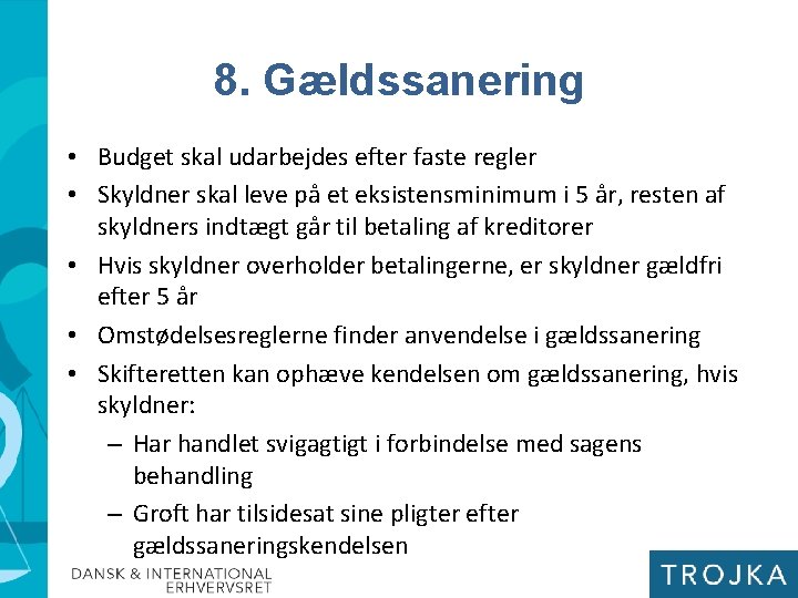 8. Gældssanering • Budget skal udarbejdes efter faste regler • Skyldner skal leve på