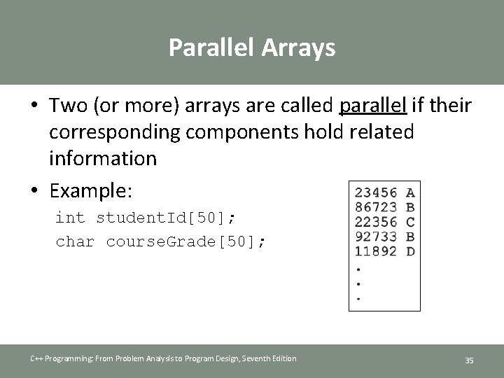 Parallel Arrays • Two (or more) arrays are called parallel if their corresponding components