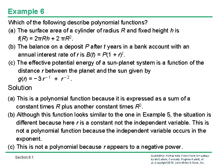 Example 6 Which of the following describe polynomial functions? (a) The surface area of Example 6 Which of the following describe polynomial functions? (a) The surface area of