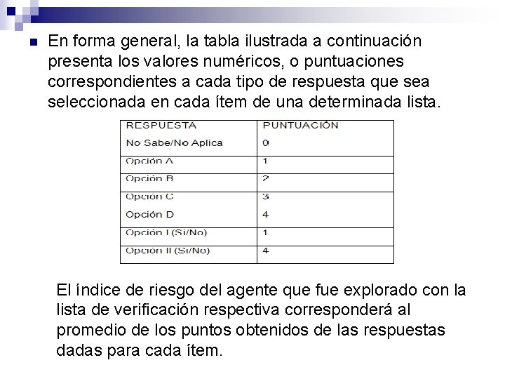 n En forma general, la tabla ilustrada a continuación presenta los valores numéricos, o