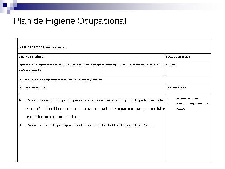 Plan de Higiene Ocupacional VARIABLE DE RIESGO: Exposición a Rayos UV OBJETIVO ESPECÍFICO PLAZO