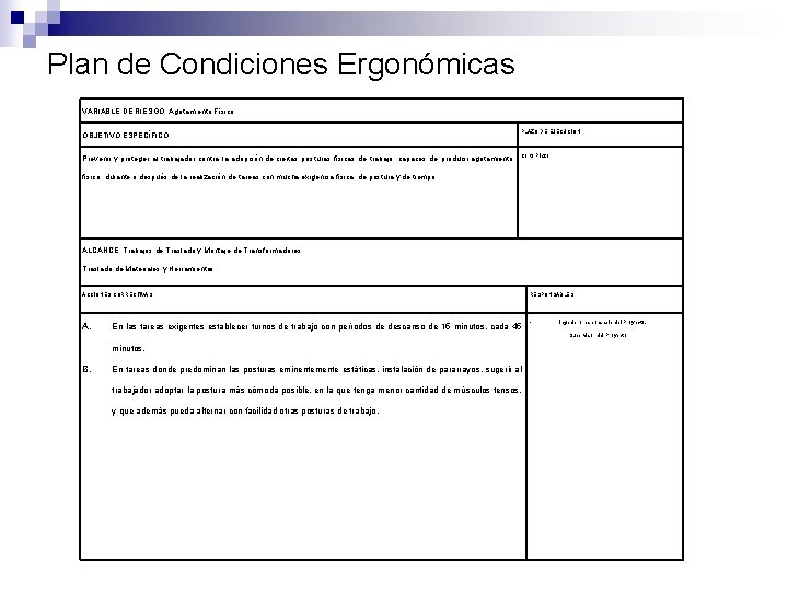 Plan de Condiciones Ergonómicas VARIABLE DE RIESGO: Agotamiento Físico OBJETIVO ESPECÍFICO PLAZO DE EJECUCIÓN