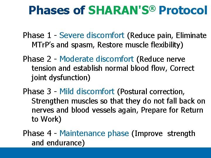Phases of SHARAN'S® Protocol Phase 1 - Severe discomfort (Reduce pain, Eliminate MTr. P’s Phases of SHARAN'S® Protocol Phase 1 - Severe discomfort (Reduce pain, Eliminate MTr. P’s