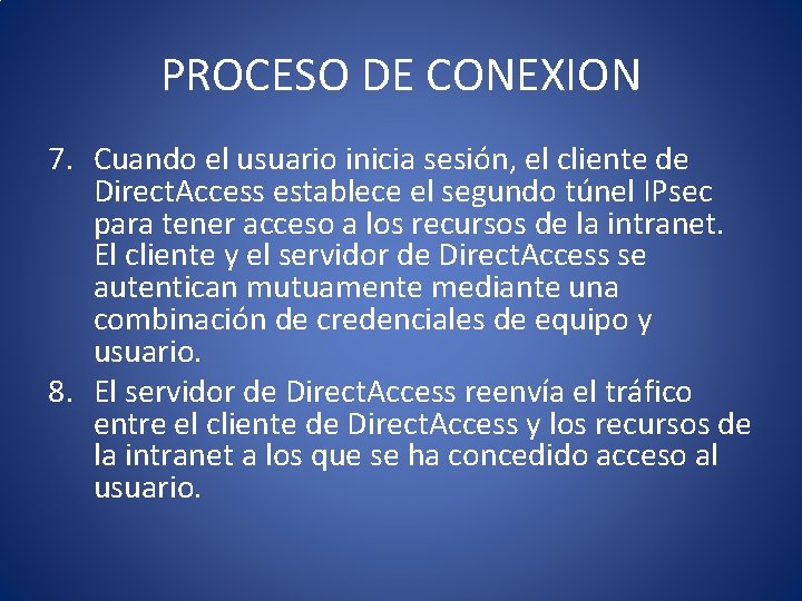 PROCESO DE CONEXION 7. Cuando el usuario inicia sesión, el cliente de Direct. Access