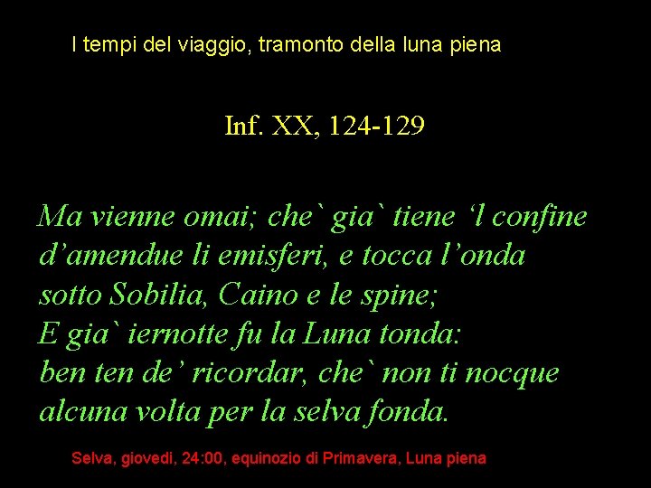 I tempi del viaggio, tramonto della luna piena Inf. XX, 124 -129 Ma vienne