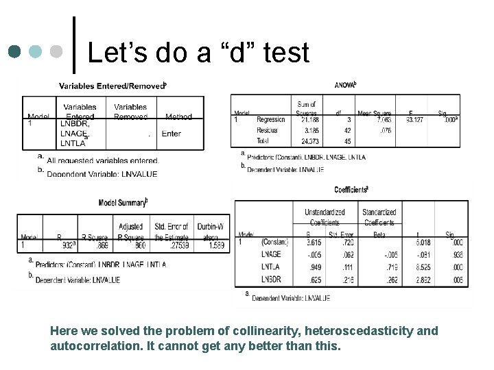 Let’s do a “d” test Here we solved the problem of collinearity, heteroscedasticity and