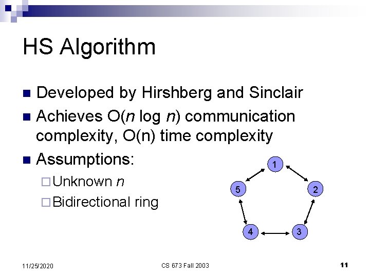 HS Algorithm Developed by Hirshberg and Sinclair n Achieves O(n log n) communication complexity,