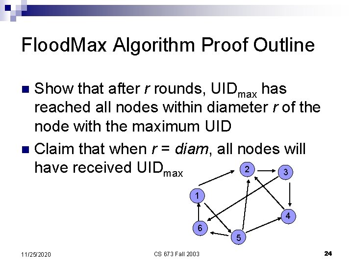 Flood. Max Algorithm Proof Outline Show that after r rounds, UIDmax has reached all