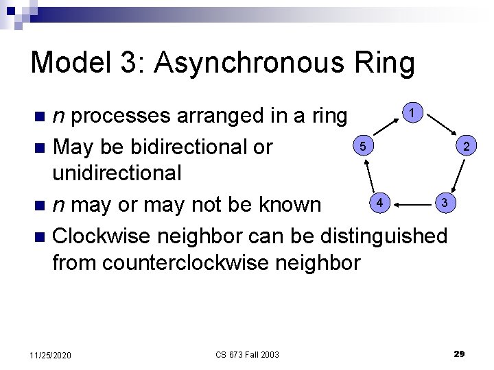 Model 3: Asynchronous Ring 1 n processes arranged in a ring 5 n May