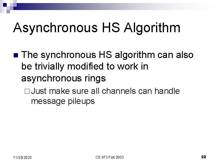 Asynchronous HS Algorithm n The synchronous HS algorithm can also be trivially modified to