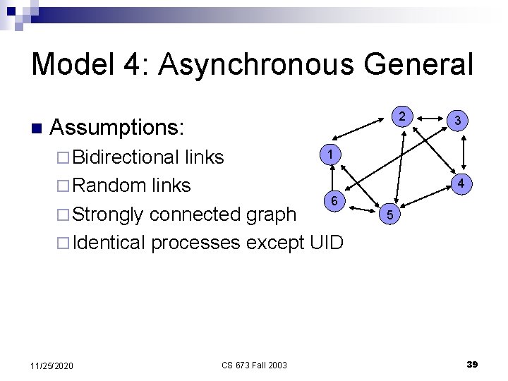 Model 4: Asynchronous General n 2 Assumptions: 1 links ¨ Random links 6 ¨