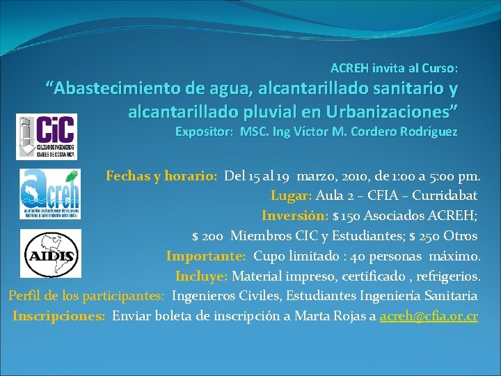 ACREH invita al Curso: “Abastecimiento de agua, alcantarillado sanitario y alcantarillado pluvial en Urbanizaciones”