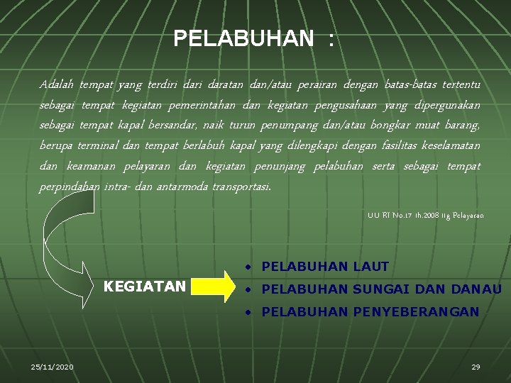 PELABUHAN : Adalah tempat yang terdiri daratan dan/atau perairan dengan batas-batas tertentu sebagai tempat