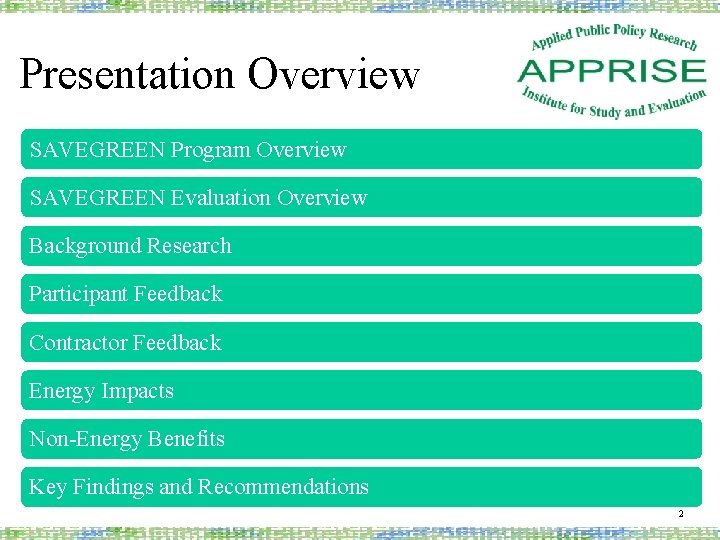 Presentation Overview SAVEGREEN Program Overview SAVEGREEN Evaluation Overview Background Research Participant Feedback Contractor Feedback