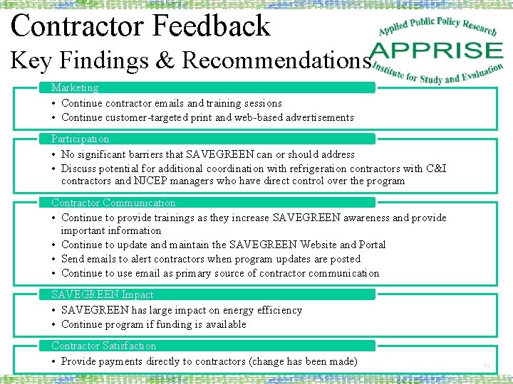 Contractor Feedback Key Findings & Recommendations Marketing • Continue contractor emails and training sessions