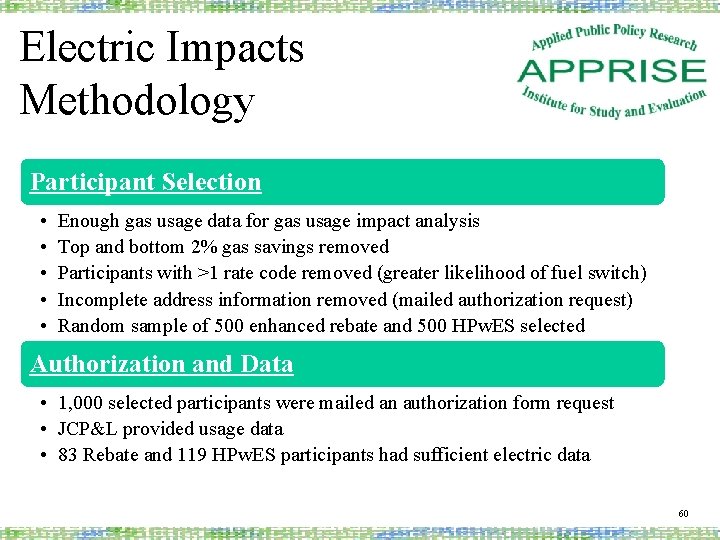 Electric Impacts Methodology Participant Selection • • • Enough gas usage data for gas