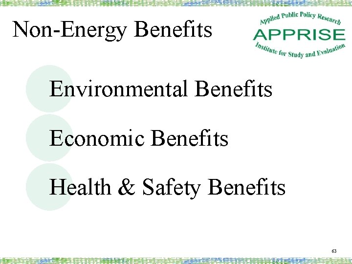 Non-Energy Benefits Environmental Benefits Economic Benefits Health & Safety Benefits 63 
