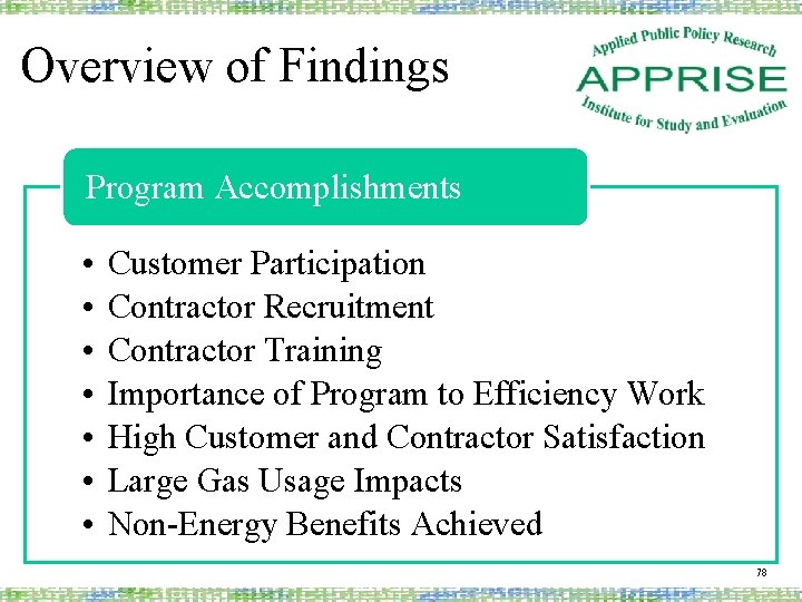 Overview of Findings Program Accomplishments • • Customer Participation Contractor Recruitment Contractor Training Importance