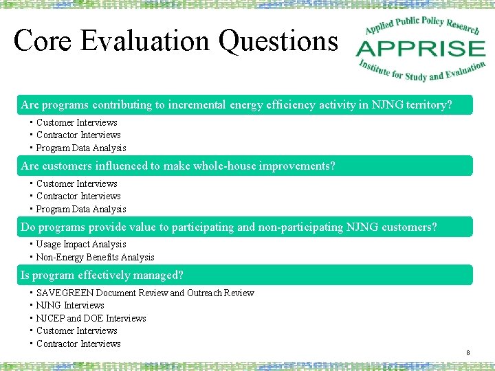 Core Evaluation Questions Are programs contributing to incremental energy efficiency activity in NJNG territory?