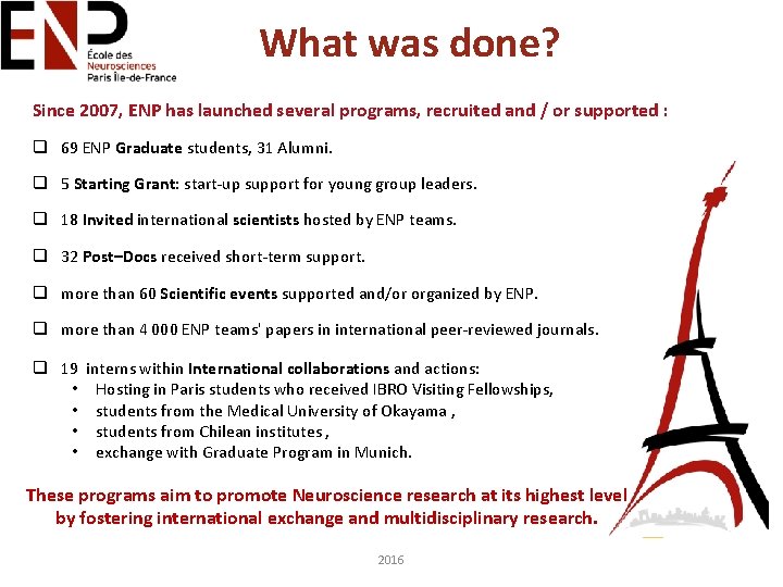 What was done? Since 2007, ENP has launched several programs, recruited and / or